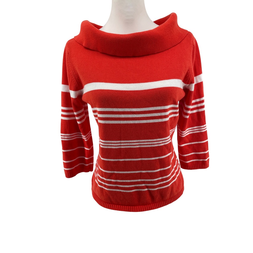 Cowl Neck Sweater Womens Medium Melon Striped Nautical Coastal Cotton 3/4 Sleeve